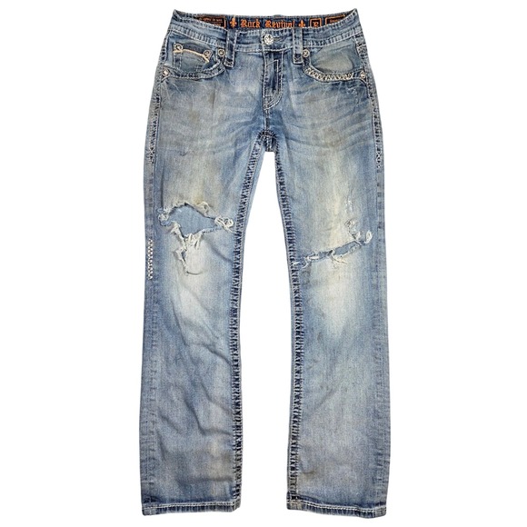 Rock Revival Sawyer Jeans Men 32 Distressed Ripped Thrashed Thick Stitch Western